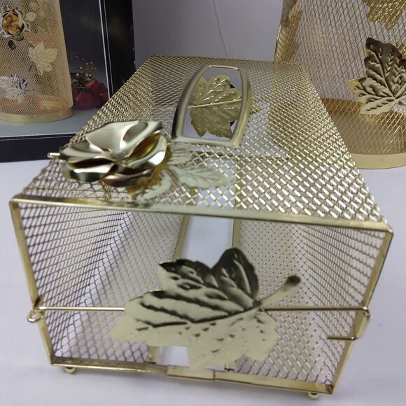 Brass Filigree Tissue Box Holder Cover Roses Garbage Can Vintage MCM - Picture 4 of 11